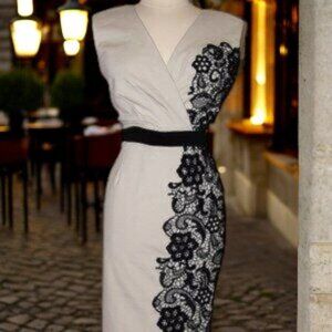 Little Mistress London Cream Black Lace/Cutout Asymmetrical Hem Dress NWT Size14